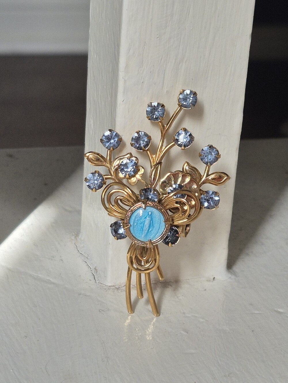 Vintage Virgin Mary Brooch Pin in Floral Gold Tone Design with Blue Rhinestones